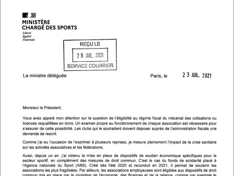 Courrier du Ministre chargé des sports